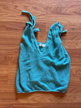 Free People Teal Knit V-Neck Tie-Shoulder Tank